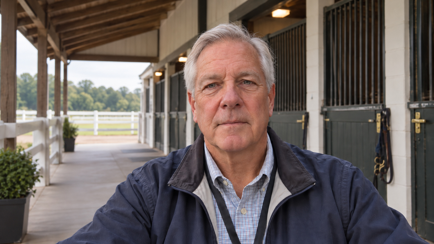 Silver-haired man in a navy jacket in a stable corridor